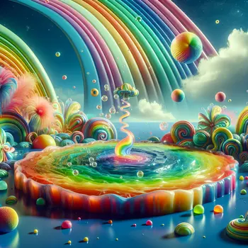 Floating in a vibrant jelly pool under a swirling, rainbow sky.