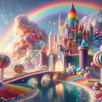 In a dream, vibrant jellybean castle sparkled under a rainbow sky.