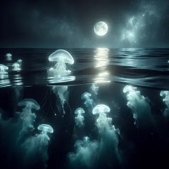 In my dream, jellyfish floated serenely, glowing softly in the moonlit ocean.