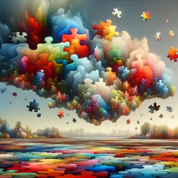 In a dream, jigsaw pieces float, forming a swirling, vibrant landscape of confusion.