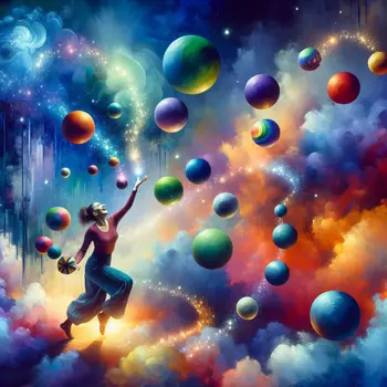 In a vivid dream, colorful balls float, defying gravity while juggling joyfully.