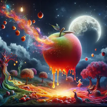 In my dream, a juicy bite drips laughter under a glowing moon.