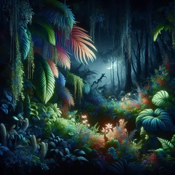 In my dream, vibrant jungle leaves whispered secrets under a luminous moonlight.