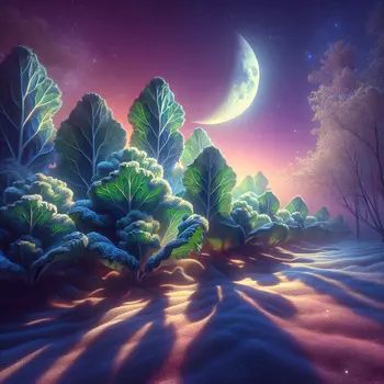 In a vivid dream, kale leaves danced gracefully under a glowing moonlight.