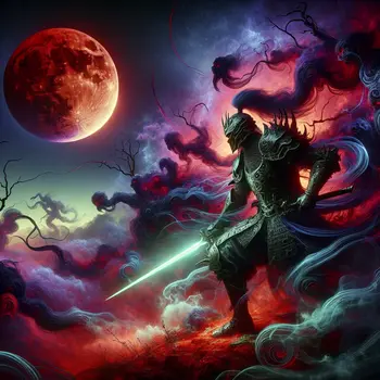 In my dream, the knight battled shadows beneath a blood-red moonlit sky.