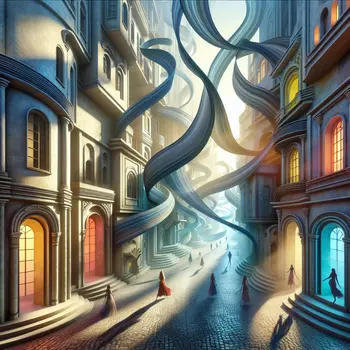 In the dream, shadows danced through the labyrinthine city's twisting alleyways.