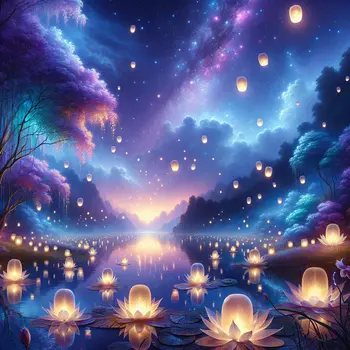 In my dream, glowing lanterns floated above, illuminating a serene, starry landscape.