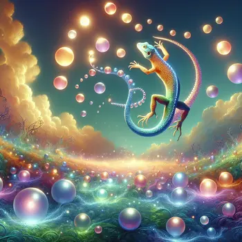 In a surreal dream, a luminous lizard danced among glowing, floating orbs.