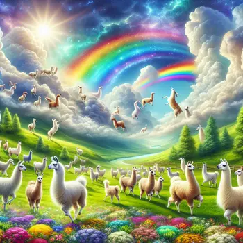 In my dream, joyous llamas frolic in fields under a rainbow sky.