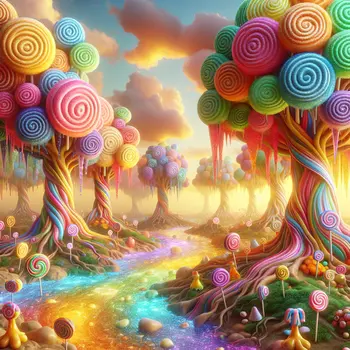 In a vivid dream, lollipop trees swayed, dripping colorful candy rainbows everywhere.