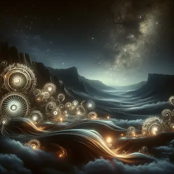 In a dream, intricate machines whirred, illuminating a dark, silent landscape. In a dream, intricate machines whirred, illuminating a dark, silent landscape.