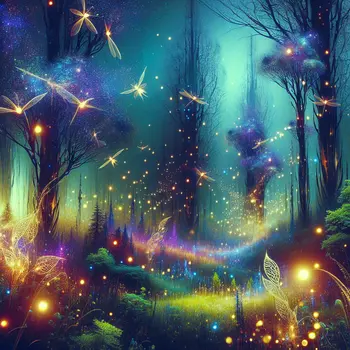 In the dream, fireflies danced above trees in the enchanting magical forest.