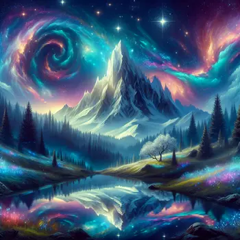 In my dream, a majestic mountain glimmered under a starry, ethereal sky. In my dream, a majestic mountain glimmered under a starry, ethereal sky.