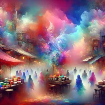 In a vibrant dream market, colors blend and whispers of spice enchant.