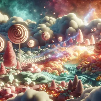 In my dream, marshmallow clouds floated above a candy-coated landscape, shimmering softly. In my dream, marshmallow clouds floated above a candy-coated landscape, shimmering softly.