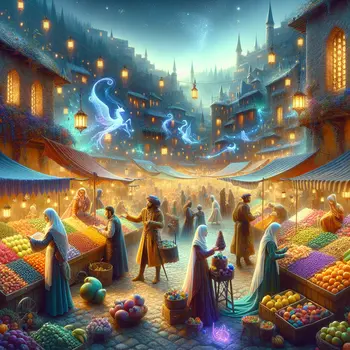 In a dream, vibrant stalls brimmed with fruit, gossip, and laughter in medieval marketplace.