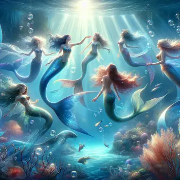 In a vivid dream, graceful mermaids dance beneath shimmering ocean waves.