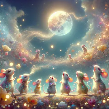 In a dream, tiny mice danced under shimmering moonlight, whispering secrets joyfully.