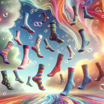 In the dream, colorful mismatched socks danced under swirling, pastel clouds.