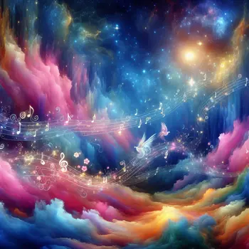 In my dream, shimmering music notes danced through a vibrant, colorful sky.