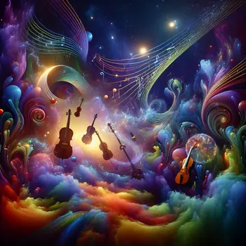 In the dream, magical musical instruments float, playing melodies in vibrant colors.