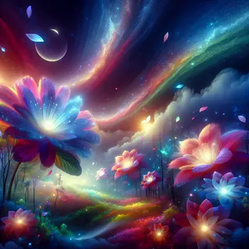 In a dream, vibrant flowers bloom under a radiant, swirling starry sky.