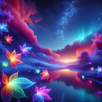 In a dream, vibrant neon-colored leaves floated gently in a twilight breeze.