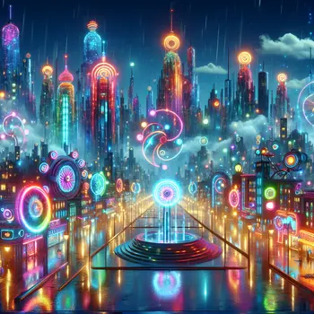 In a vibrant city, dream machines whirred with neon lit wheels spinning wildly.