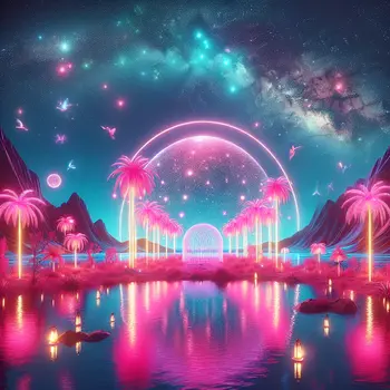 In my dream, a neon pink oasis shimmered under a starry sky. In my dream, a neon pink oasis shimmered under a starry sky.