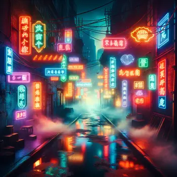 In a surreal dream, vibrant neon signs flickered, illuminating a deserted street.