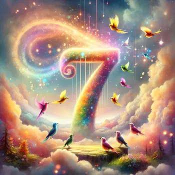 In a vibrant dream, seven birds danced under a shimmering number 7.