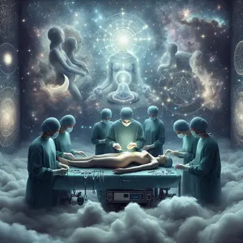 In a dream, surgeons performed a surreal operation beneath shimmering starlit skies.