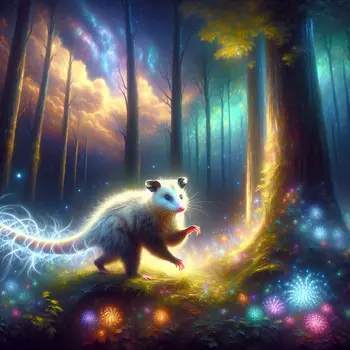 In a twilight forest, an opossum danced gracefully under the dream's light.