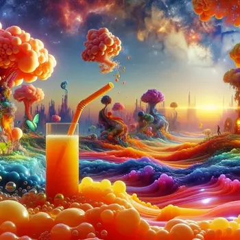 In a surreal landscape, rivers flowed with sparkling orange soda dreams.