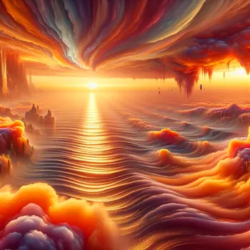 In a dream, orange clouds floated above a shimmering ocean of citrus waves. In a dream, orange clouds floated above a shimmering ocean of citrus waves.