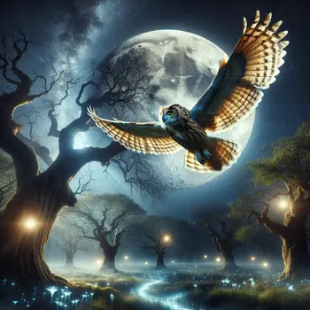 In a dream, an owl glides silently beneath a silver moonlit sky.