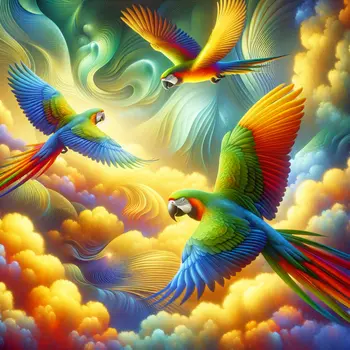 In my dream, vibrant parrots soared, singing melodies amidst golden clouds.