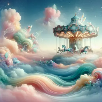 A floating carousel spins, enveloped in whimsical pastel colors, enchanting my dream.