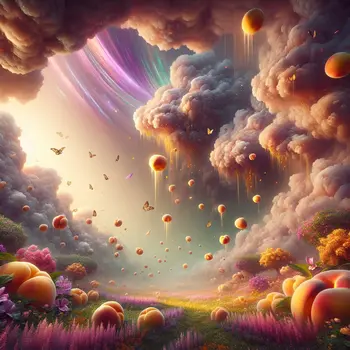 In a dream, golden peaches rained from a sky of swirling lavender clouds.