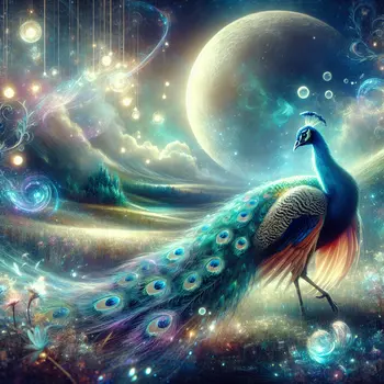 In a vibrant dream, a majestic peacock danced under a glittering moonlight.