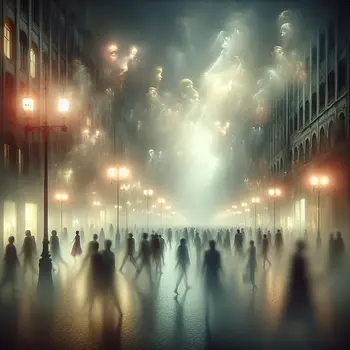 In a dream, pedestrians drift through misty streets, faces blurred and unknown.