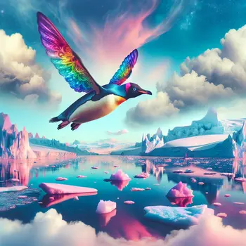 In a vibrant dream, a penguin with rainbow wings soars above icebergs.