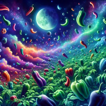 In a vivid dream, colorful peppers danced under shimmering, surreal moonlight.