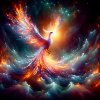 In the dream, a phoenix rises from ashes, glowing with vibrant flames.