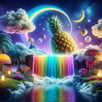 In a dream, a giant pineapple floated above a rainbow waterfall. In a dream, a giant pineapple floated above a rainbow waterfall.