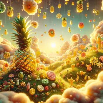 In my dream, golden pineapples rain down from a cotton candy sky.