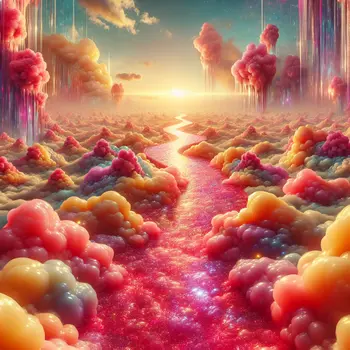 In the dream, I walked the pink sticky pathway, surrounded by floating clouds.