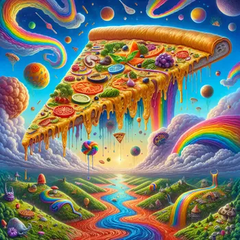 In my dream, a giant pizza slice floated through a rainbow sky.