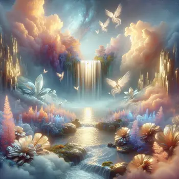 In a surreal dream, a waterfall of shimmering platinum cascades endlessly downward.