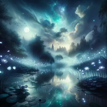 In the dream, moonlight danced on the still pond's shimmering surface.